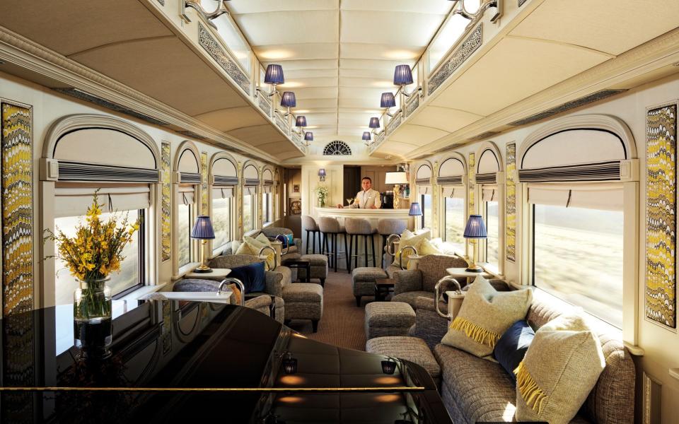 Interiors art nouveau ceilings mahogany panelling intricate marquetry work Belmond Andean Explorer Cusco region Peru how to do luxury train journey affordable less money 2022 trip travel - Richard James Taylor/Richard James Taylor