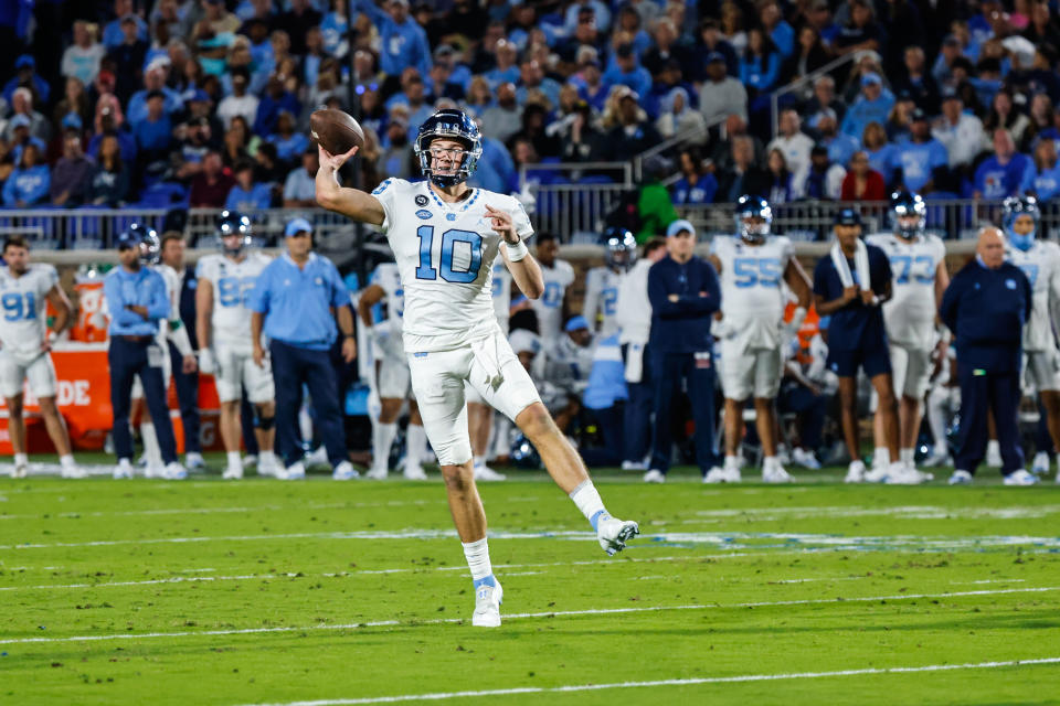 Oct 15, 2022; Durham, North Carolina, USA; North Carolina Tar Heels quarterback Drake Maye (10) throw the ball during the first half at Wallace Wade Stadium. Mandatory Credit: Jaylynn Nash-USA TODAY Sports