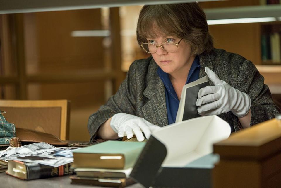 <p>Melissa McCarthy plays Lee Israel, a writer whose career takes an unfortunate turn. Struggling to live in New York City, she embarks on a life of literary crime by forging letters from icons like Dorothy Parker and Lillian Hellman—a spree she outlined in her 2008 memoir.</p><p><a class="link " href="https://www.amazon.com/Can-You-Ever-Forgive-Me-ebook/dp/B001DJIAOK/?tag=syn-yahoo-20&ascsubtag=%5Bartid%7C10054.g.22778359%5Bsrc%7Cyahoo-us" rel="nofollow noopener" target="_blank" data-ylk="slk:Buy the book on Amazon;elm:context_link;itc:0;sec:content-canvas">Buy the book on Amazon</a></p>