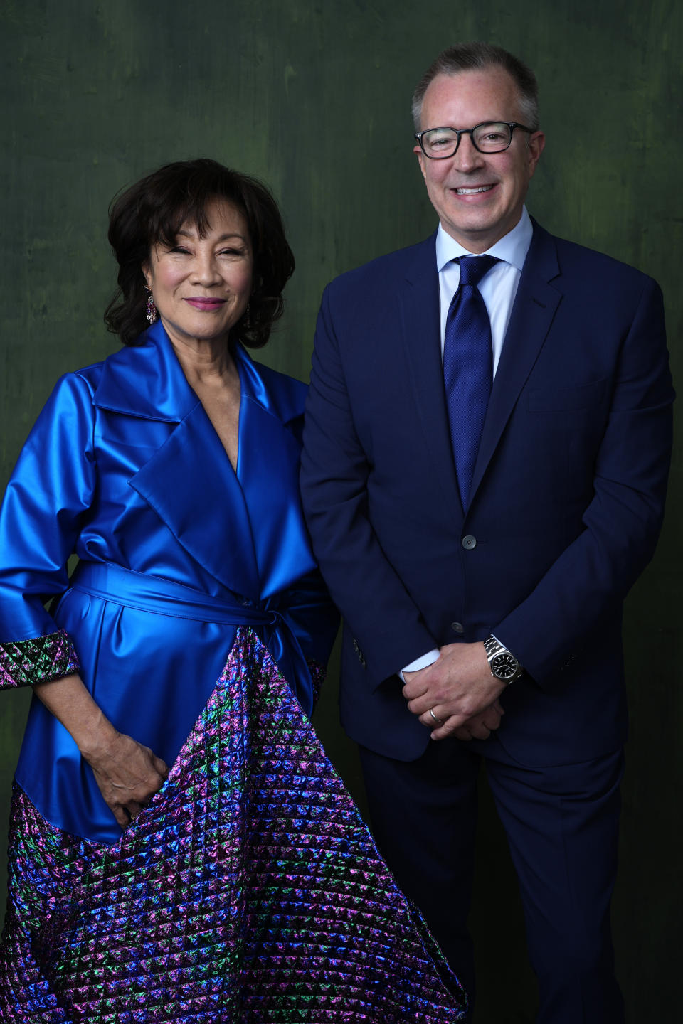 President of the Academy of Motion Picture Arts and Sciences Janet Yang, left, and CEO of the Academy of Motion Picture Arts and Sciences Bill Kramer poses for a portrait during the 96th Academy Awards Oscar nominees luncheon on Monday, Feb. 12, 2024, at the Beverly Hilton Hotel in Beverly Hills, Calif. (AP Photo/Chris Pizzello)