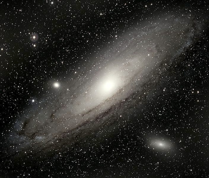 The Andromeda Galaxy, M31, photographed by Stephen Rahn, Macon, GA, on Oct. 18, 2020. The galaxy's two satellites are M32 at left, appearing on M31's edge from our line of sight, and NGC 205, at lower right.