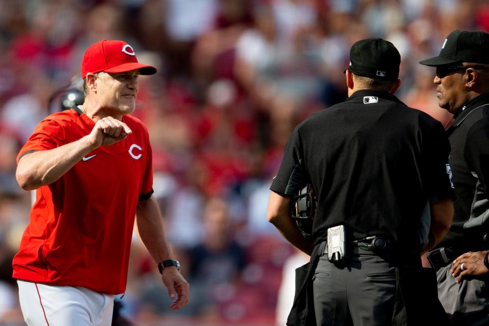 Cincinnati Reds manager David Bell argues with umpires after Cincinnati Reds shortstop Kyle Farmer (17) was hit by pitch in the fifth inning of the MLB game between the Cincinnati Reds and the Atlanta Braves at Great American Ball Park in Cincinnati on Saturday, July 2, 2022. Bell was ejected. 