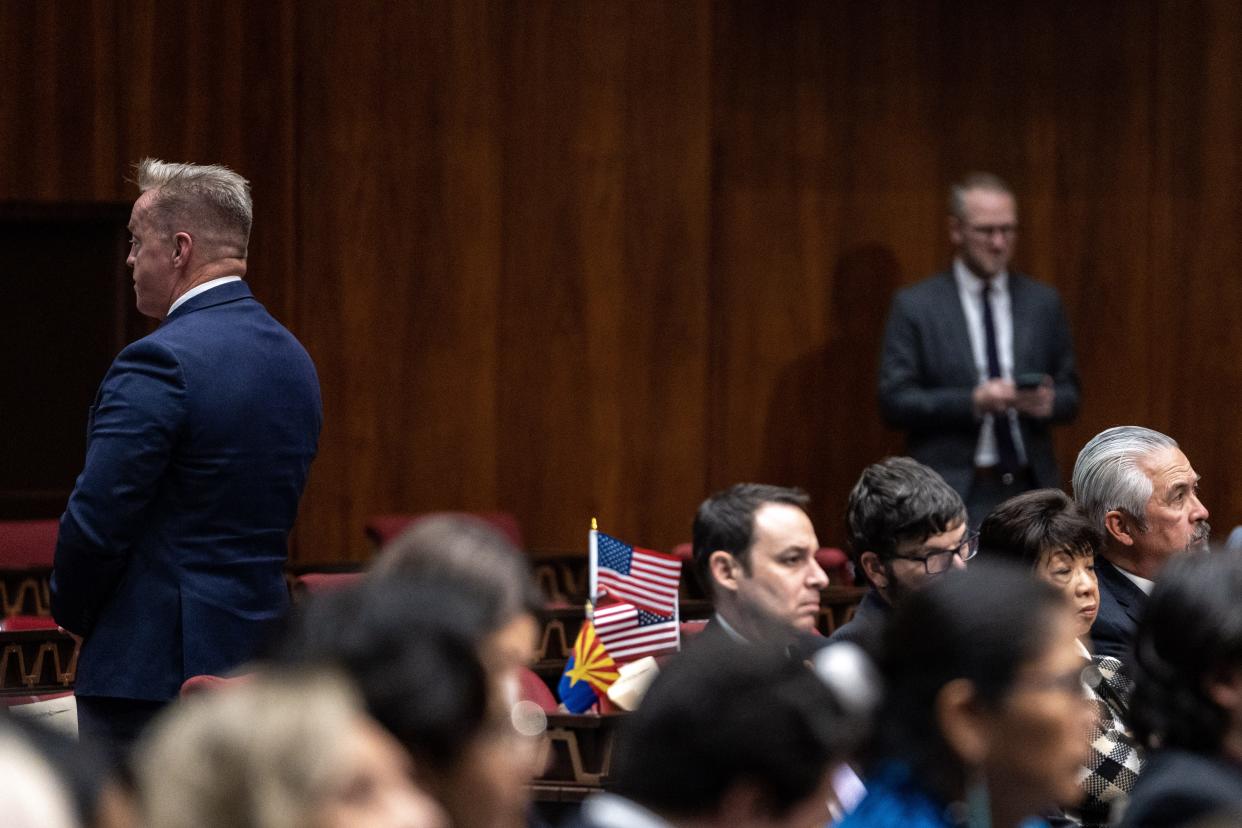 Republican state Sen. Anthony Kern turns his back as Katie Hobbs delivers her State of the State address to the Arizona House of Representatives during the opening session of the 56th Legislature on Jan. 9, 2023, in Phoenix.