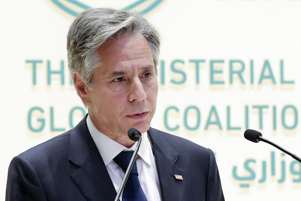 Secretary of State Antony Blinken speaks as he attends a joint news conference with Saudi Arabia's Foreign Minister Prince Faisal bin Farhan, not pictured, at the Intercontinental Hotel in Riyadh, Saudi Arabia, Thursday, June 8, 2023. (Ahmed Yosri/Pool Photo via AP)