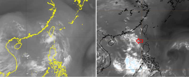 左圖：今(14)日4時水氣頻道衛星雲圖顯示，「圓規」的外圍環流(原季風低壓環流)與太平洋高壓邊緣形成的水氣帶仍在台灣附近。