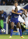 Football Soccer Britain - Leicester City v Swansea City - Premier League - King Power Stadium - 27/8/16 Leicester City's Wes Morgan in action with Swansea City's Fernando Llorente Reuters / Darren Staples Livepic EDITORIAL USE ONLY. No use with unauthorized audio, video, data, fixture lists, club/league logos or "live" services. Online in-match use limited to 45 images, no video emulation. No use in betting, games or single club/league/player publications. Please contact your account representative for further details.