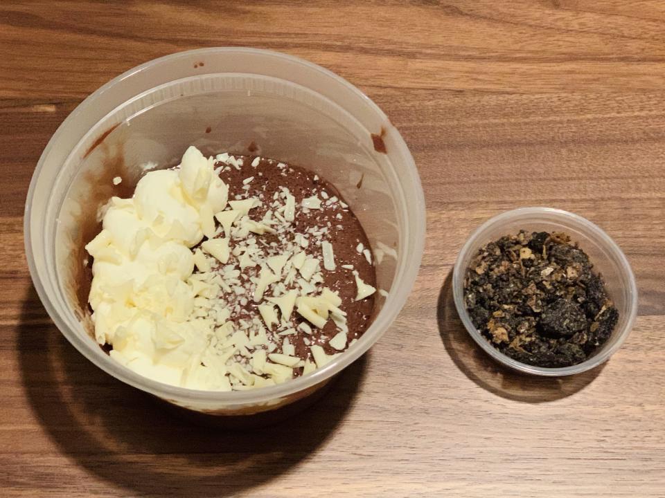 Dessert in takeout containers from Alinea