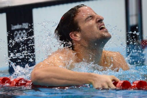 Australia's James Magnussen reacts after competing in the men's 100m freestyle semi-finals during the swimming event at the London 2012 Olympic Games on July 31, in London