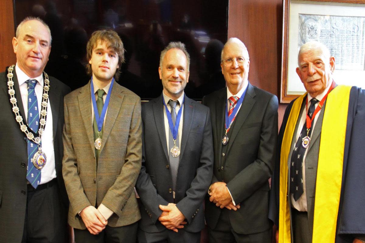 Chairman of Pembrokeshire County Council Cllr Thomas Tudor;  Mr Finley John,  Mr Martin John; Mr Trevor Pledger; Master of the Gild of Freemen of Pembroke Cllr Dennis Evans <i>(Image: Gild of Freemen of Pembroke)</i>