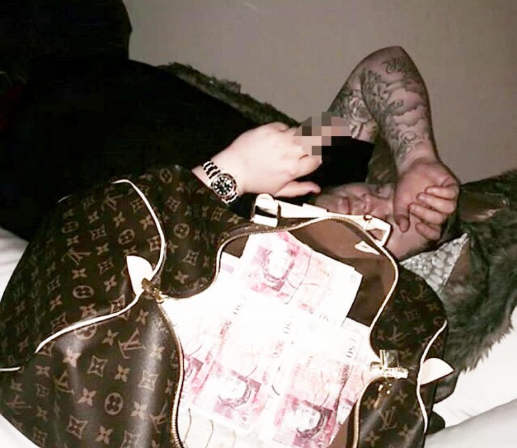 Joshua Copp and a Louis Vuitton bag containing bundles of cash (SWNS)