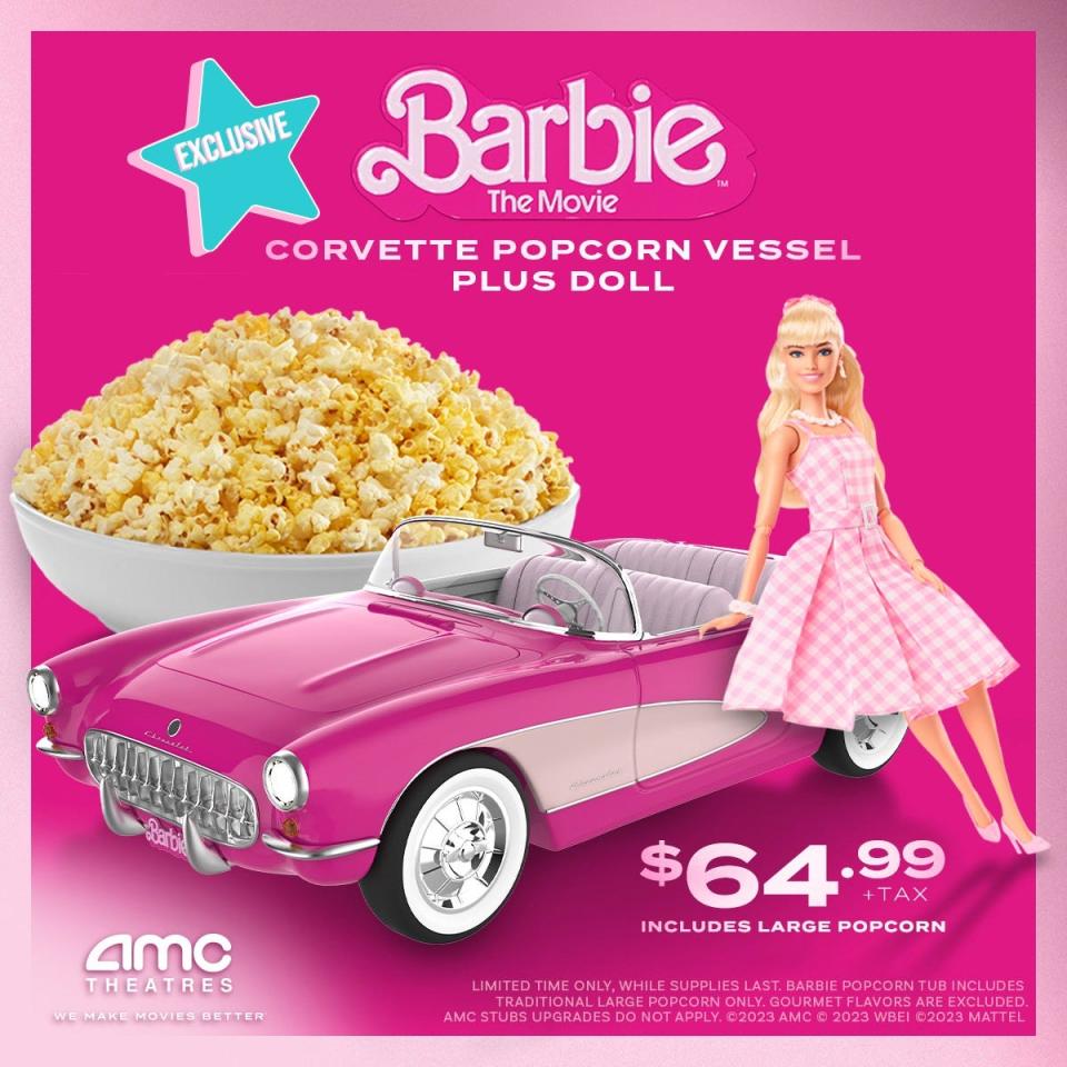 Cruise into AMC Theatres at the Dartmouth Mall opening weekend and grab their exclusive Barbie corvette popcorn vessel and doll for $64.99, while supplies last.