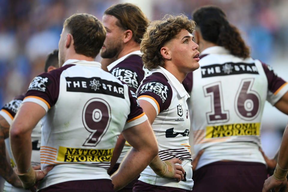 GOLD COAST, AUSTRALIA - AUGUST 03: Reece Walsh of the Broncos looks dejected during the round 22 NRL match between Gold Coast Titans and Brisbane Broncos at Cbus Super Stadium, on August 03, 2024, in Gold Coast, Australia. (Photo by Matt Roberts/Getty Images)