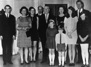 <p>A family photo taken at the 50th wedding anniversary of Diana's grandparents, the Earl and Countess Spencer. From left to right: Richard Wake-Walker, Lady Anne Wake-Walker, Elizabeth Wake-Walker, Christopher Wake-Walker, Earl Spencer, Countess Spencer, Lady Sarah Spencer, Viscount Althrop, Lady Jane Spencer. Diana Spencer and Charles Spencer stand in the front. </p>