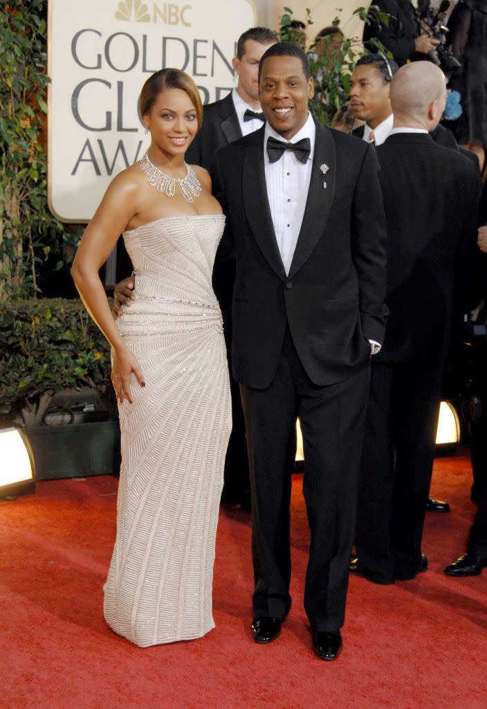 <p>The couple attended the awards (with Bey wearing a strapless gown by Elie Saab) where Beyoncé was nominated for Best Original Song for 'Once In A Lifetime' from the movie Cadillac Records.</p>