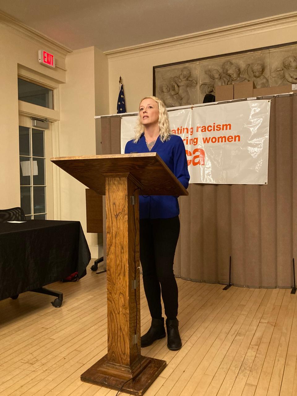 Chelsey Buckley speaks to her experience as a human trafficking survivor at the YWCA in New Bedford Jan. 26.