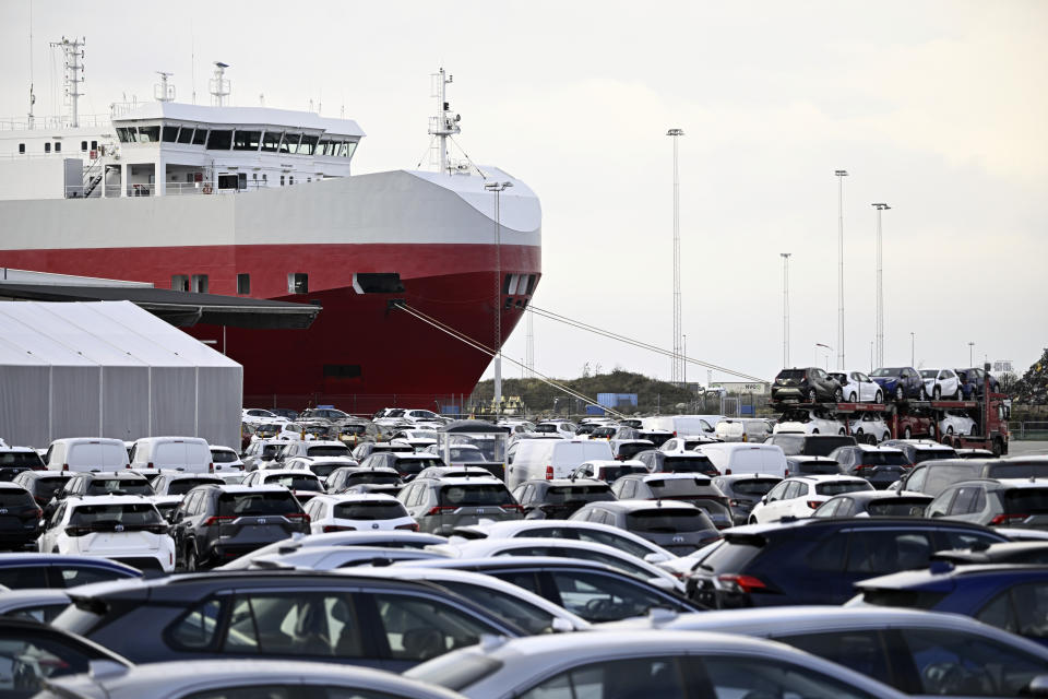 A ship is moored at the port of Malmo as port workers are blocking the loading of vehicles from Tesla, in Malmo, Sweden, Tuesday Nov. 7, 2023. Pressure is growing on Tesla in Sweden, where a trade union is demanding that the Texas-based automaker sign a collective bargaining agreement, as most employees in the Scandinavian country have. Tesla has no manufacturing plant in Sweden, but 130 members of the powerful metalworkers’ union IF Metall walked out on Oct. 27 at seven workshops across the country where its popular cars are serviced. Other trade unions joined in solidarity, including dockworkers at Sweden’s four largest ports who decided Tuesday to stop the delivery of Tesla vehicles to increase pressure on the automaker to accept the metal workers’ demands. (Johan Nilsson/TT News Agency via AP, File)