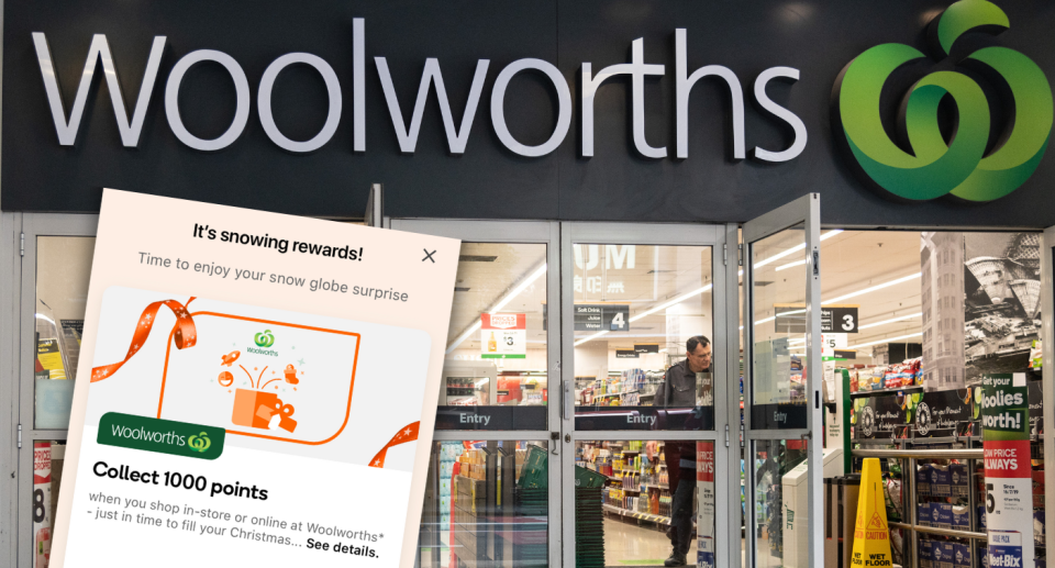 Woolworths supermarket and Everyday Rewards Snow Globe game offer.