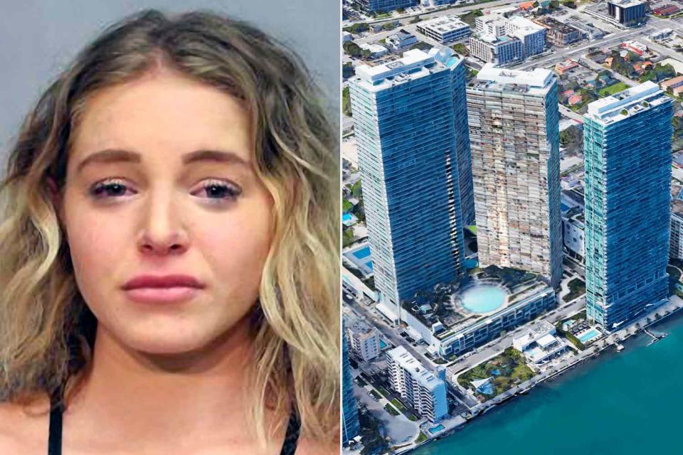 <p>Hawaii Police Department/AP</p> Courtney Clenney mugshot, left, and aerial view of One Paraiso condominium