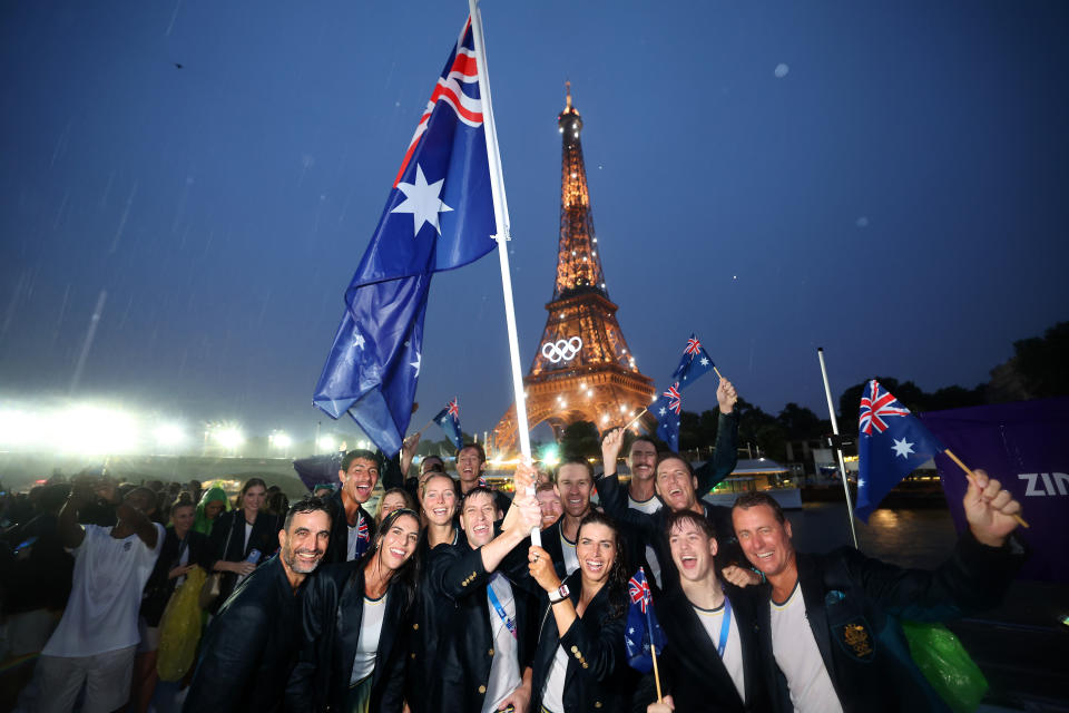 The Australian athletes, pictured here on their boat during the Olympics opening ceremony.