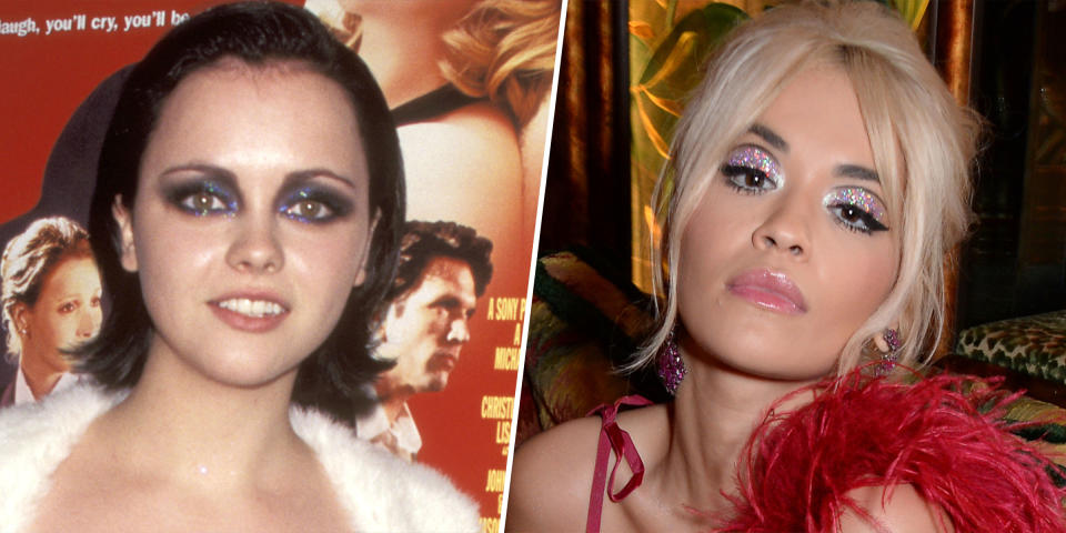 Glitter makeup then vs. now: Christina Ricci in 1998/Rita Ora in 2018  (Getty Images)