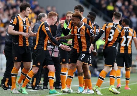 Britain Soccer Football - Hull City v Watford - Premier League - The Kingston Communications Stadium - 22/4/17 Hull City's Sam Clucas celebrates scoring their second goal with team mates Reuters / Scott Heppell Livepic