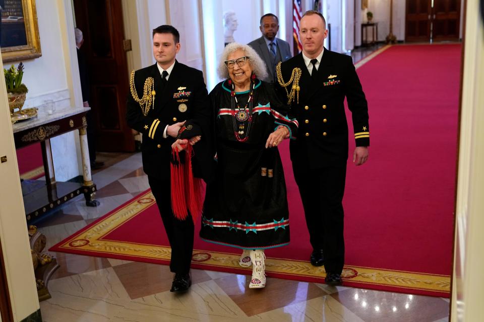 Henrietta Mann arrives March 21 before President Joe Biden presented her the National Humanities Medal at White House in Washington.