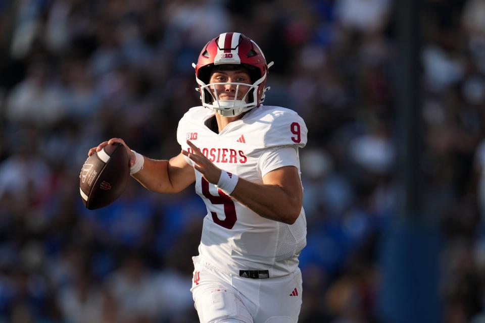 Indiana Hoosiers quarterback Kurtis Rourke (9) throws the ball in the first half against the UCLA Bruins at the Rose Bowl on Saturday in Pasadena, California.