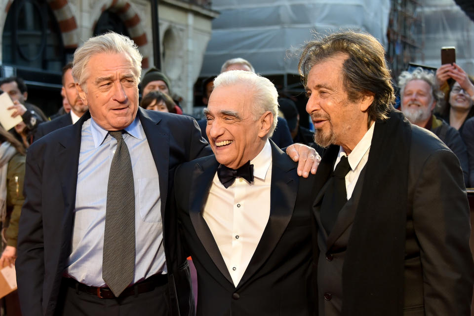 Al Pacino (L), Martin Scorsese (C) and Robert De Niro attend The Irishman International Premiere and Closing Gala during the 63rd BFI London Film Festival on October 13, 2019