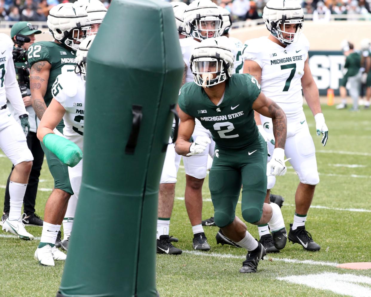 Michigan State running back Harold Joiner goes through drills during the spring practice on Saturday, April 16, 2022, at Spartan Stadium.