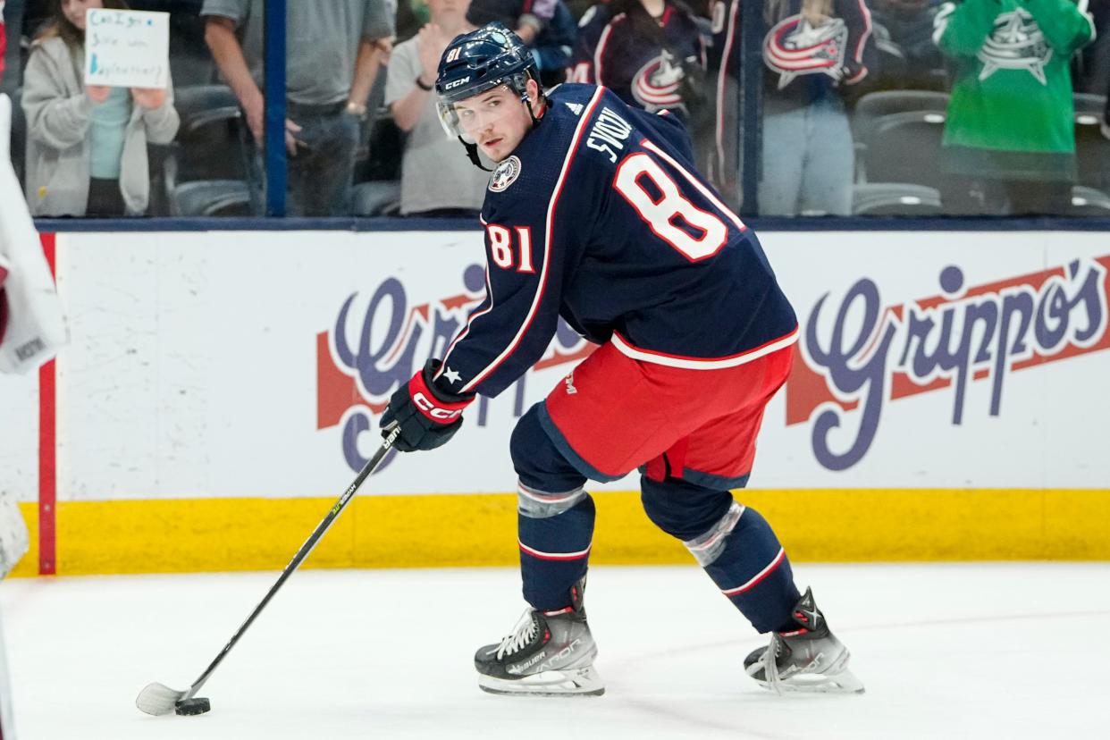 Columbus Blue Jackets defenseman Stanislav Svozil (81) warms up prior to the NHL hockey game against the Pittsburgh Penguins at Nationwide Arena on April 13, 2023.