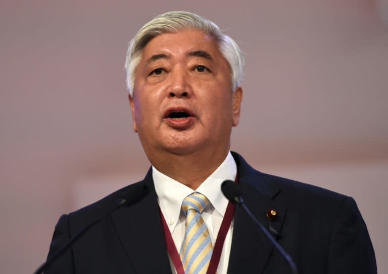 Japanese Minister of Defense, Gen Nakatani, speaks during the 14th Asia Security Summit in Singapore, in May 2015
