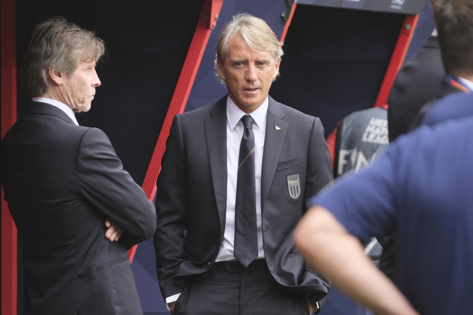 FILE - Italy coach Roberto Mancini waits for the start of the Nations League third place soccer match between the Netherlands and Italy at De Grolsch Veste stadium in Enschede, Netherlands, Sunday, June 18, 2023. Italy coach Roberto Mancini resigned surprisingly on Sunday, Aug. 13, 2023, ending an an up-and-down tenure with the national team that included a European Championship title in 2021 but also a failed qualification for last year’s World Cup. (AP Photo/Patrick Post, File)