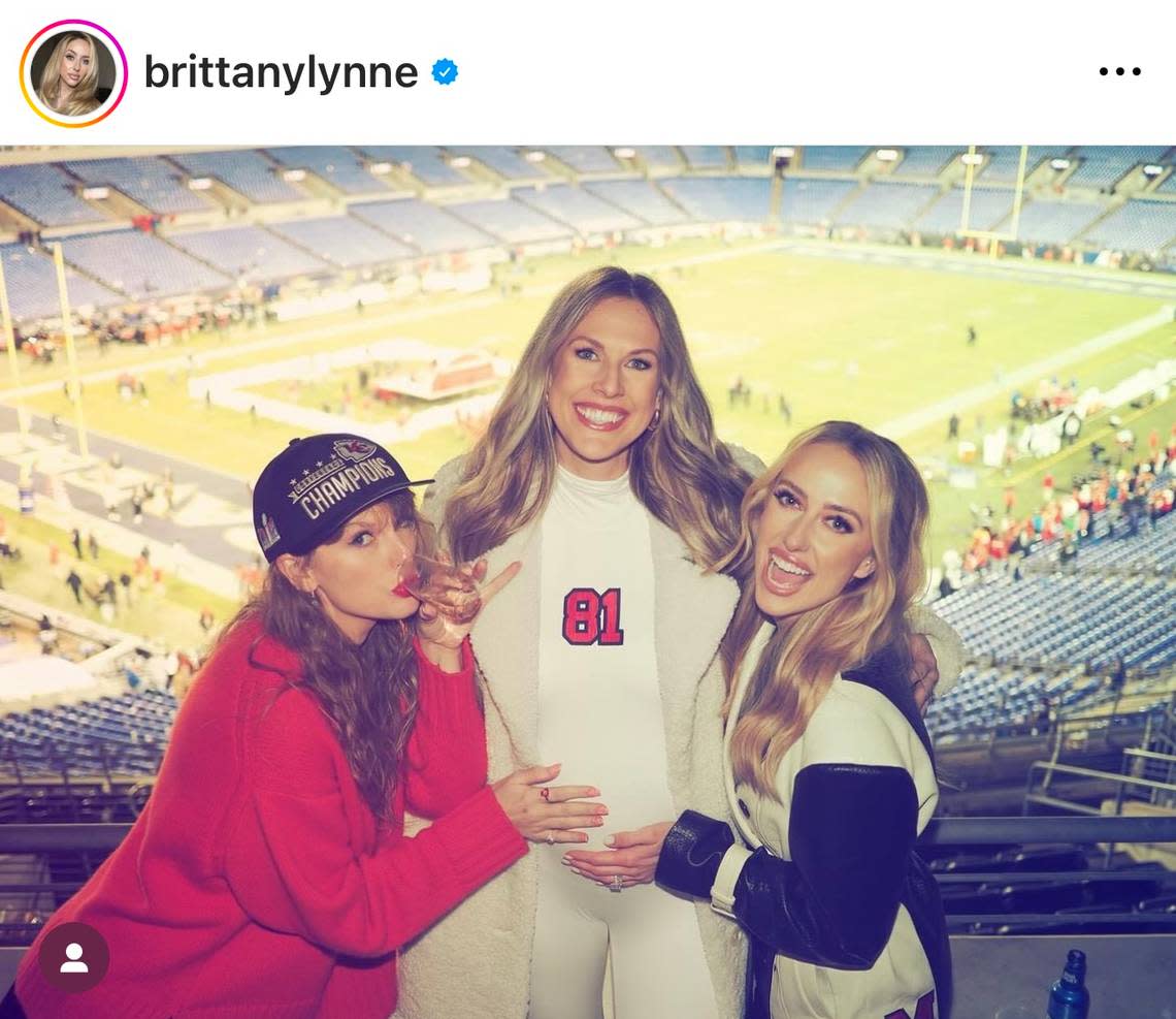 The threesome of the season: Taylor Swift, Lindsay Bell, wife of Chiefs tight end Blake Bell, and Brittany Mahomes. Instagram screengrab/Brittany Mahomes