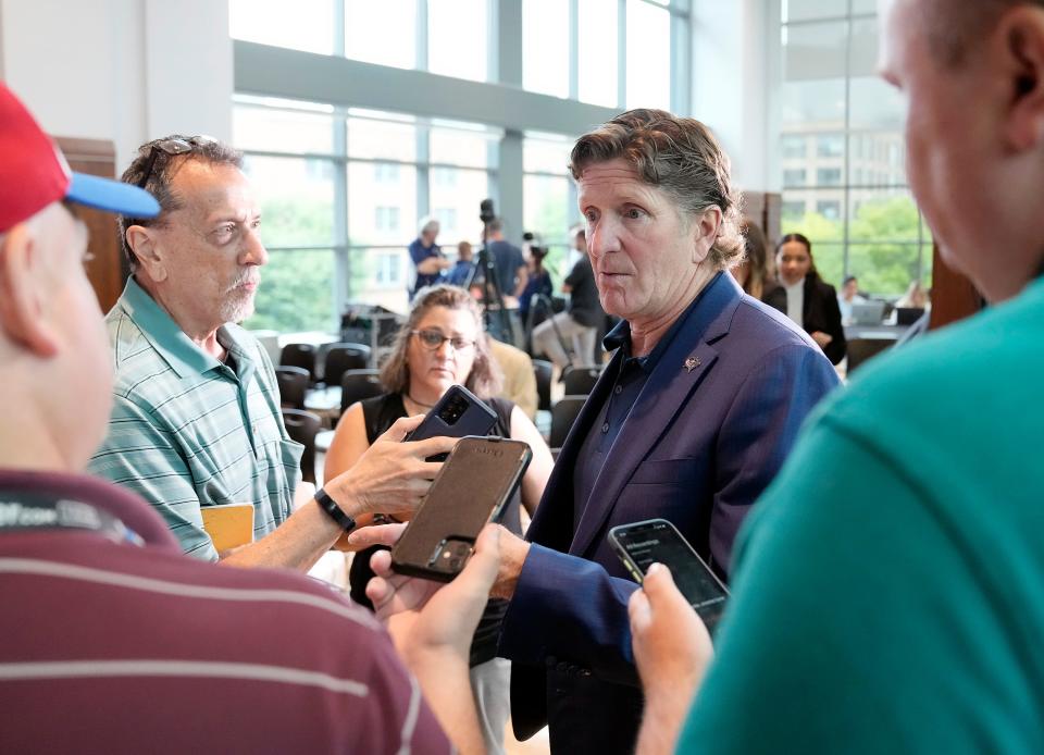 Mike Babcock talks to the media after being named head coach of the Columbus Blue Jackets on July 1, 2023.