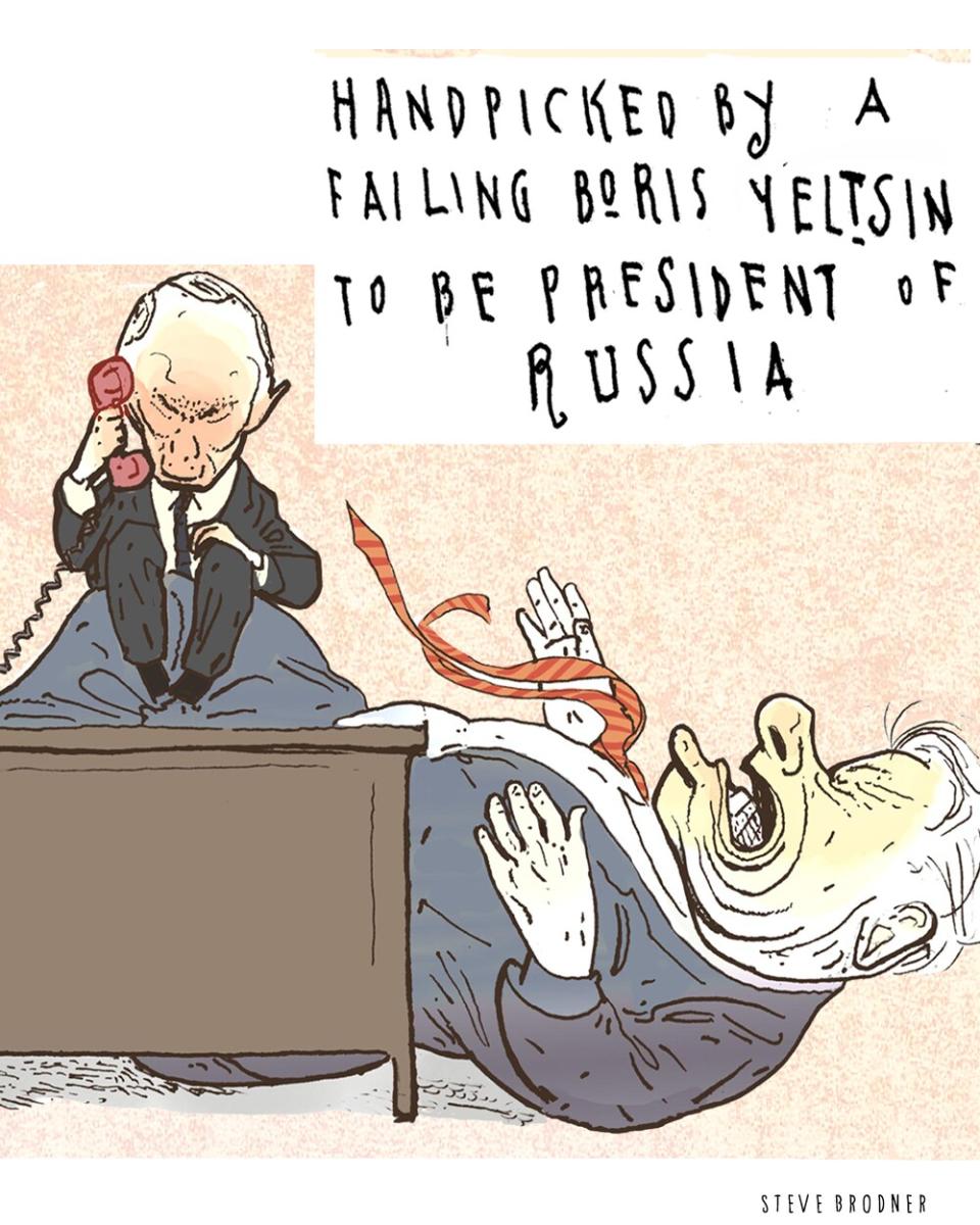 Political cartoon of a man sitting on top of another. Text: "Handpicked by a failing Boris Yeltsin to be president of Russia"