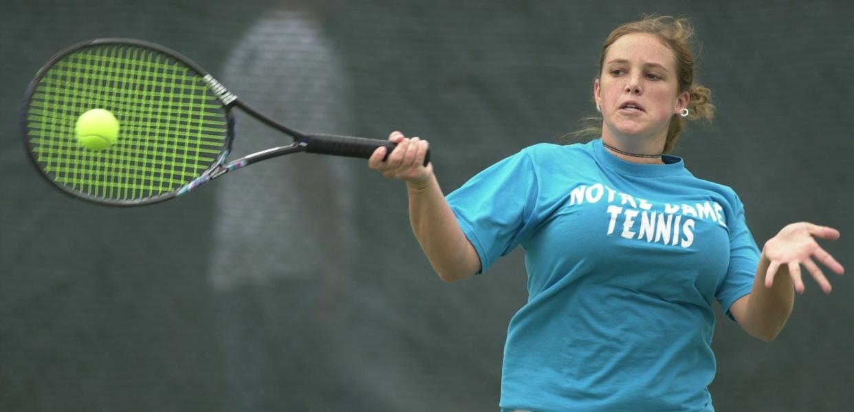 2003.30.5-SPORTS-TENNIS-Molly Molony of Notre Dame performs a forehand in the State Championships against Jennifer Hohn Friday May 30, 2003 in Lexington, KY.Photo by Mike Simons for the Enquirer-MS