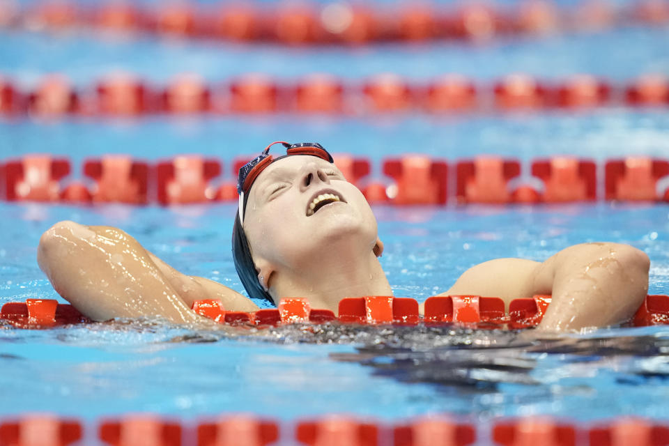 Katie Ledecky of the U.S. celebrates after winning the women's 800m freestyle final at the World Swimming Championships in Fukuoka, Japan, Saturday, July 29, 2023. (AP Photo/Eugene Hoshiko)