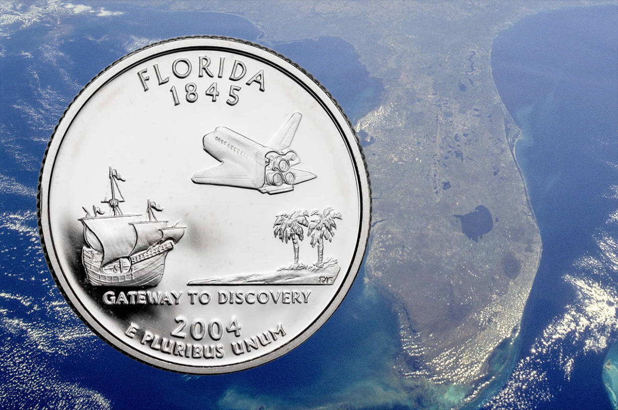  the florida quarter coin, featuring a space shuttle in flight, superimposed over a satellite photo of the state  