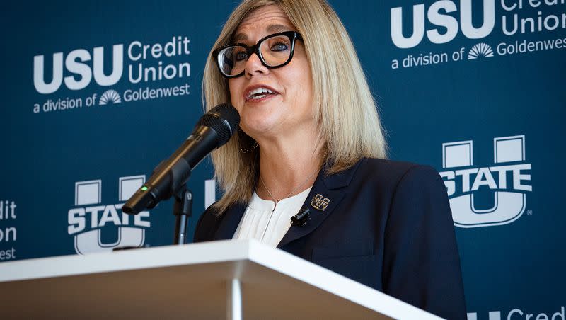 Diana Sabau, who most recently worked as the Big Ten’s deputy commissioner and chief sports officer, was introduced Thursday as Utah State’s next athletic director.