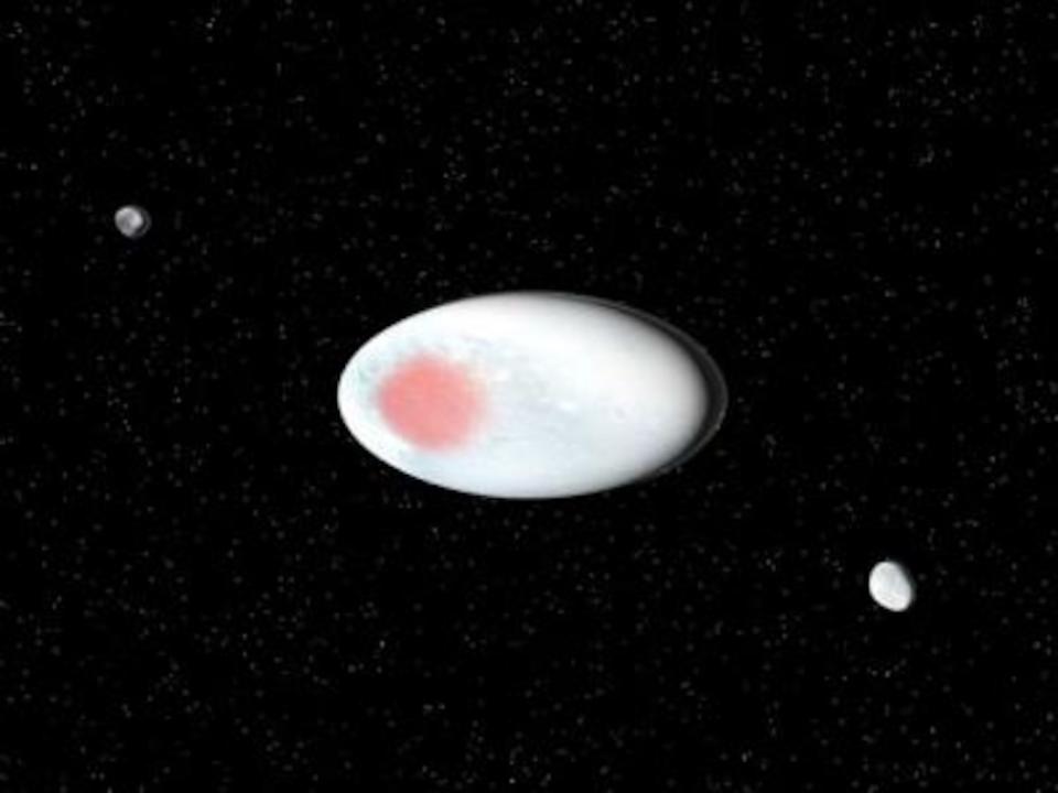 Artist's concept of the dwarf planet Haumea and its two satellites (Hi’iaka and Namaka). <cite>SINC/José Antonio Peñas</cite>