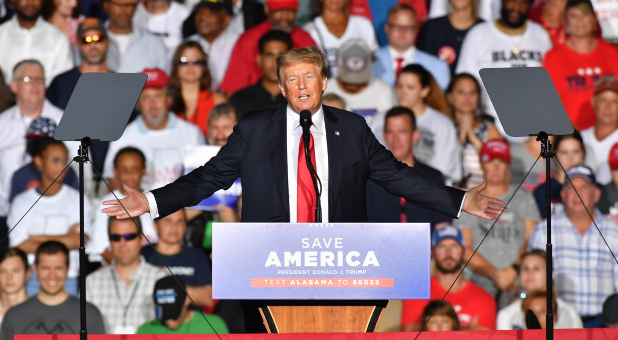 CULLMAN, USA - AUGUST 21: Donald J. Trump delivers remarks at a major rally hosted by the Alabama Republican Party and in conjunction with the Alabama Republican Party's Summer Meeting to support the MAGA agenda in Cullman, Alabama in Cullman, AL, United States on August 21, 2021. (Photo by Peter Zay/Anadolu Agency via Getty Images)