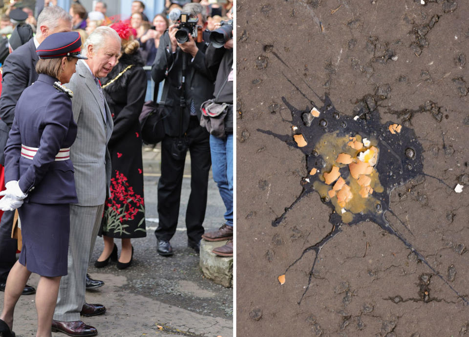 L: King Charles looking down at a broken egg. R: Broken eggs on the ground