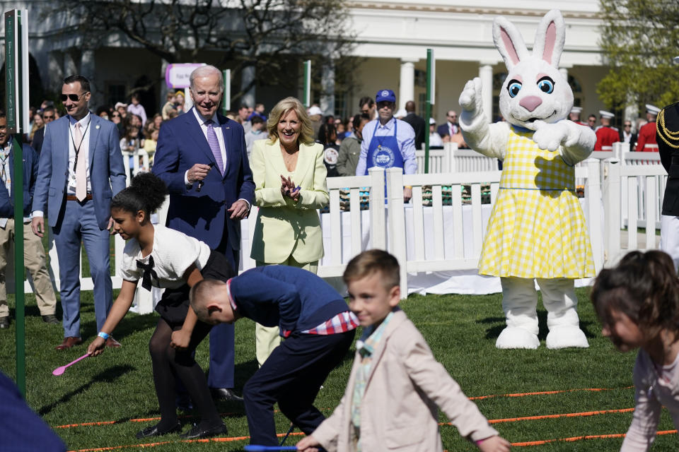 President Joe Biden and first lady Jill Biden participate in the 2023 White House Easter Egg Roll, Monday, April 10, 2023, in Washington. (AP Photo/Evan Vucci)