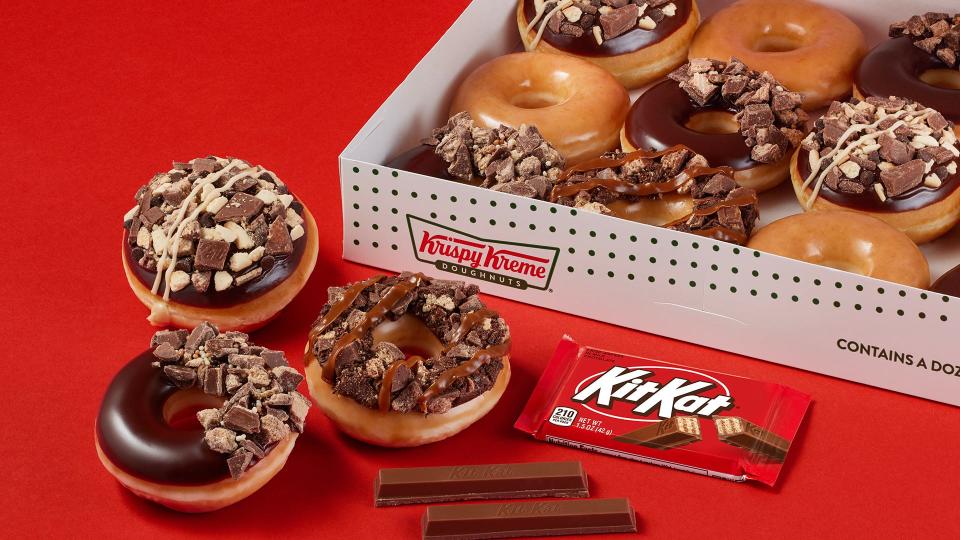 Krispy Kreme will bring back its Kit Kat collection of three doughnuts made with creamy chocolate and crispy wafers the week of July 8.