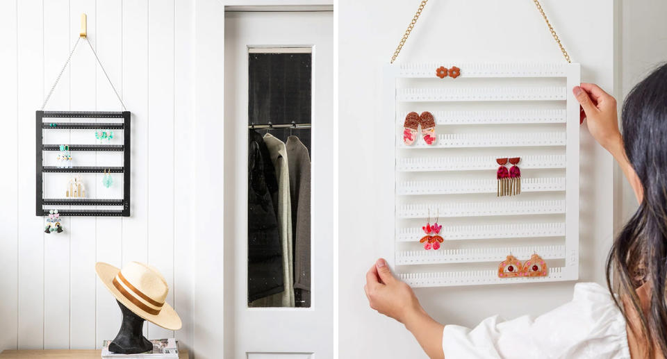 Hanging metal earring holder in black on bedroom wall; Woman adjusting hanging metal earring holder in white