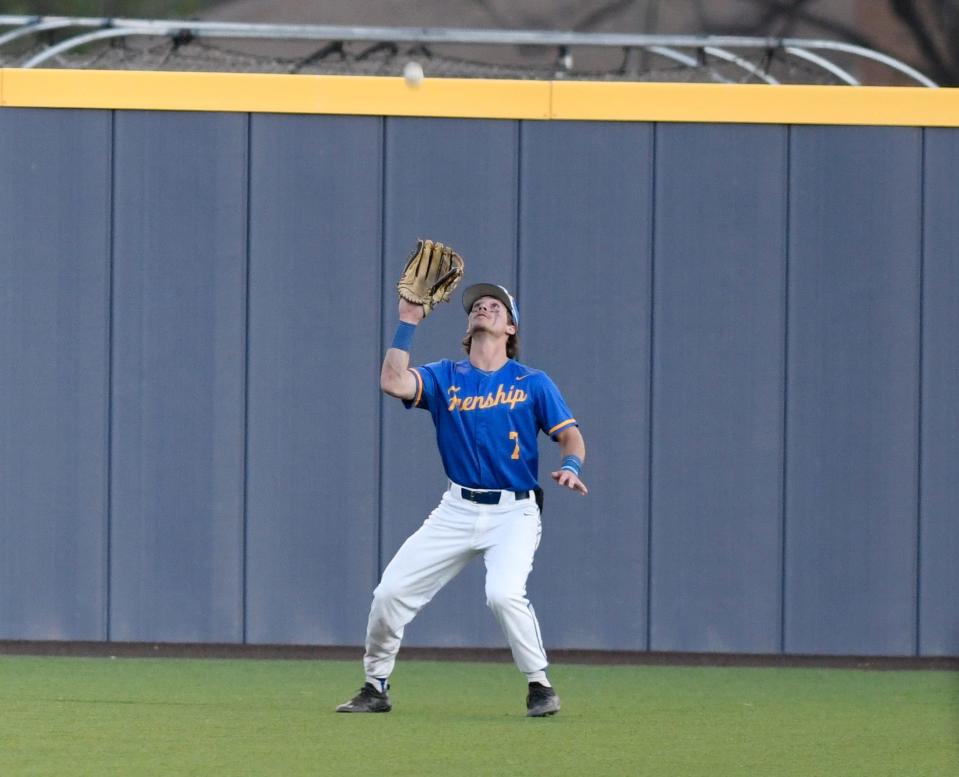 Frenship's Landon Hutcheson prepares to catch the ball against Midland Legacy in a District 2-6A baseball game, Thursday, March 23, 2023, at Tiger Baseball Field in Wollforth.