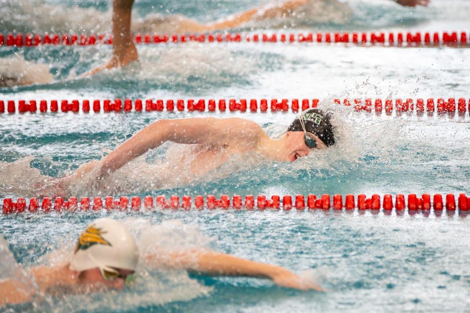 West Salem’s Jarrod Coy competes in the boys 500 yard freestyle during the OSAA Class 6A Swimming State Championships on Saturday at Tualatin Hills Aquatic Center in Beaverton.