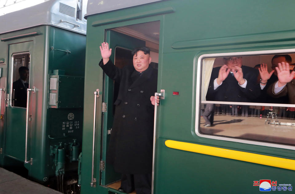 FILE- In this photo provided by the North Korean government, North Korean leader Kim Jong Un waves from a train before leaving Pyongyang Station, North Korea, for Vietnam, on Feb. 23, 2019. The content of this image is as provided and cannot be independently verified. Korean language watermark on image as provided by source reads: "KCNA" which is the abbreviation for Korean Central News Agency. (Korean Central News Agency/Korea News Service via AP, File)