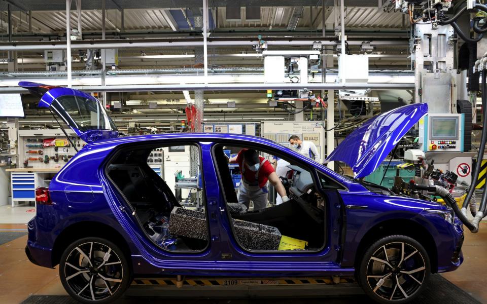 The Golf 8 on a Volkswagen assembly line in Wolfsburg, Germany