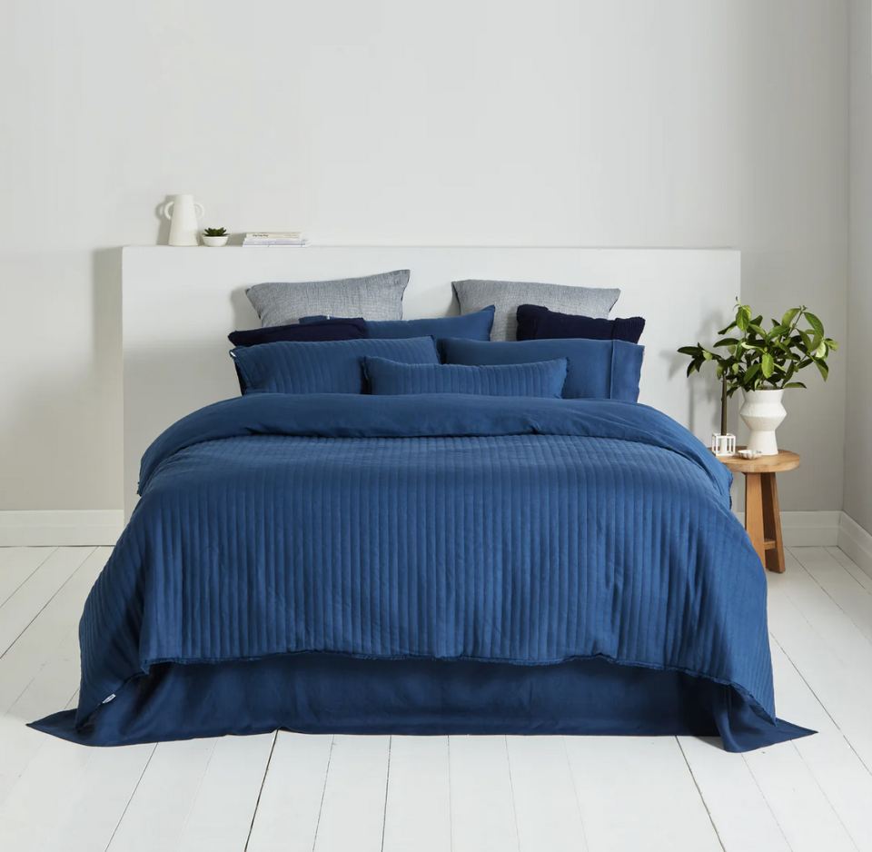 Linen Quilted Coverlet in denim